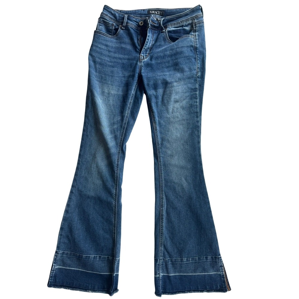 Grace in LA Womens Flare Jeans Medium Wash Released Hem‎ Side Slit Denim Size 26